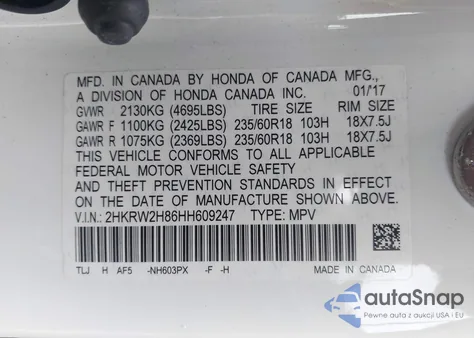2017 Honda Cr-V Ex-L/Ex-L Navi from USA, damaged, VIN 2HKRW2H86HH609247